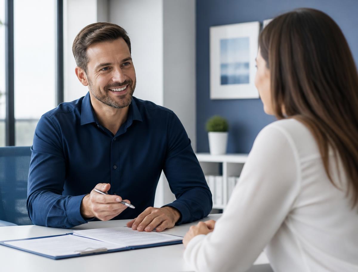 Consultor atendendo um cliente no escritório